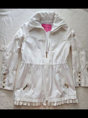 Betsey Johnson White Ruffle Hem Drawstring Windbreaker Jacket
